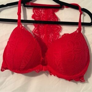 Victoria's Secret Pink Date Racerback Vibrant Red Lace Bra front clasp 36DD